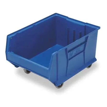 Blue mobile plastic storage bin with label holder and divider slots, 29 by 16 by 11 inches
