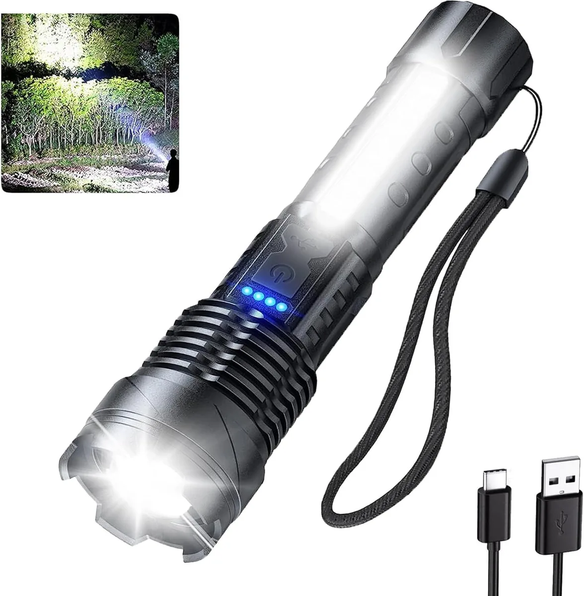 Black cylindrical handheld flashlight with zoomable head and USB C port
