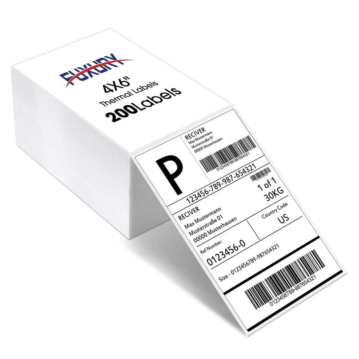 White glossy fanfold stack of 200 perforated 4x6 inch thermal labels