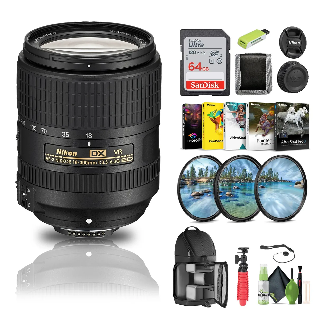 Nikon Inc Nikon AF-S DX NIKKOR 18-300mm f/3.5-6.3G ED VR Lens (2216) + 64GB Memory Card camera lens — product photo