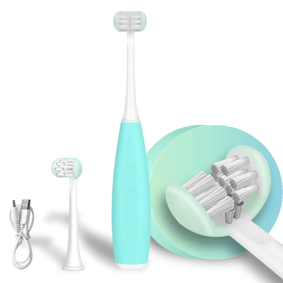 Blue kids sonic toothbrush with three-sided brush head and timer