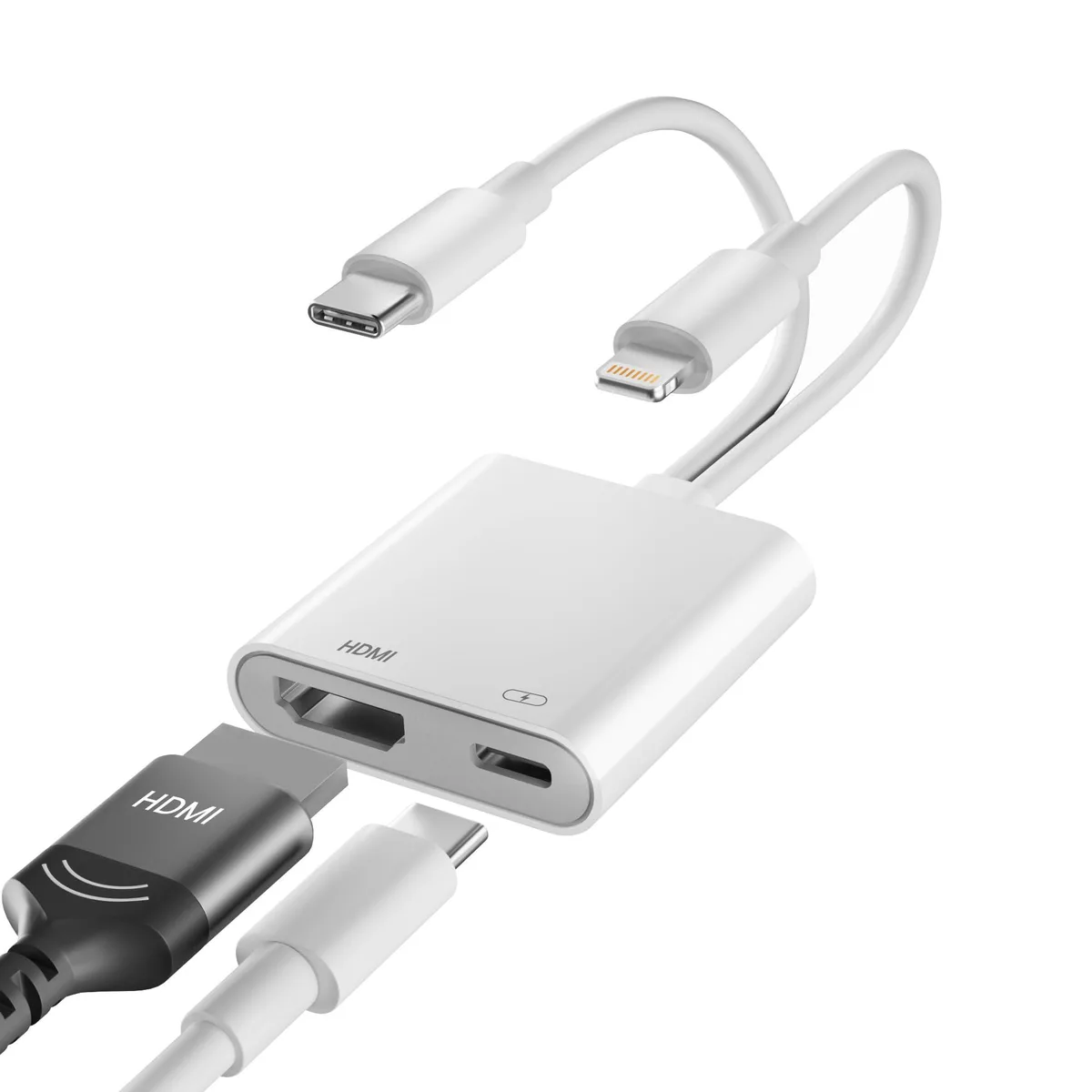 Black 2-in-1 Lightning and USB-C to HDMI adapter with charging port