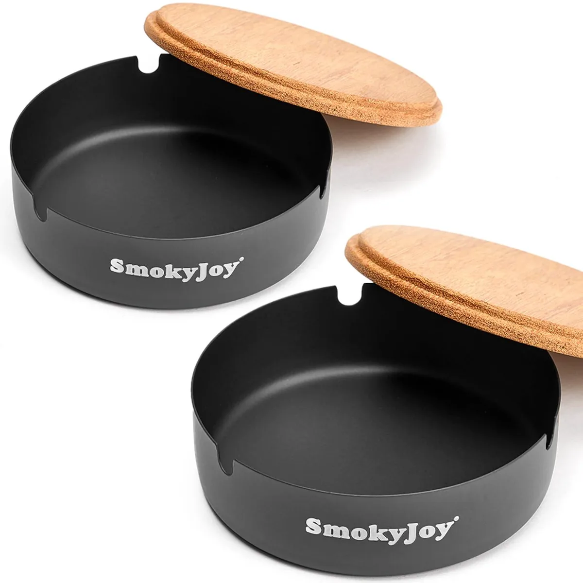 Two black stainless steel ashtrays with wood lids, round shallow form
