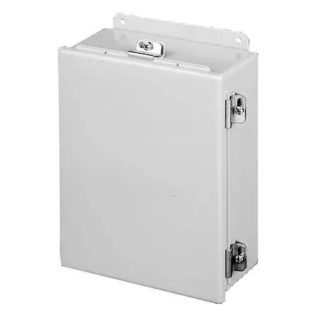 Gray powder-coated carbon-steel electrical enclosure with hinged solid cover and clamp latches