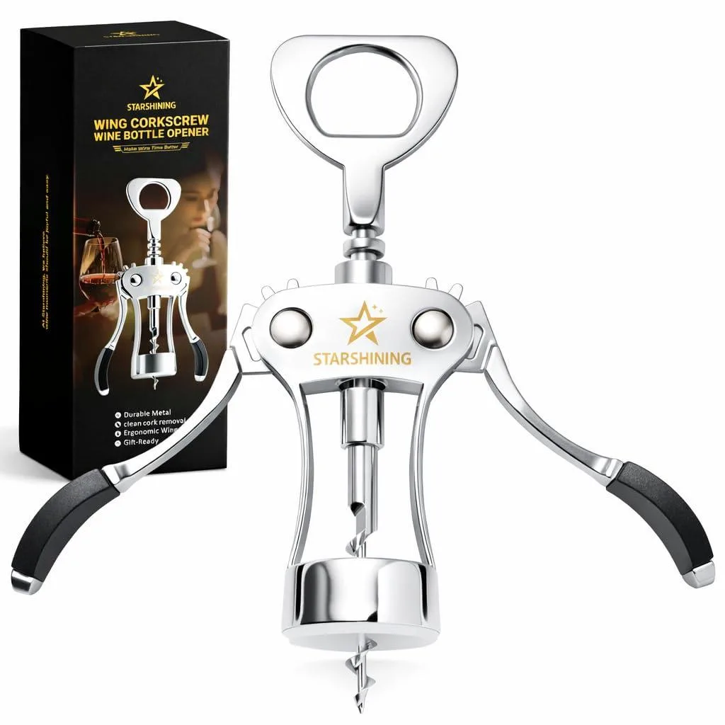 Silver zinc-alloy wing corkscrew with ergonomic handles and integrated bottle opener loop