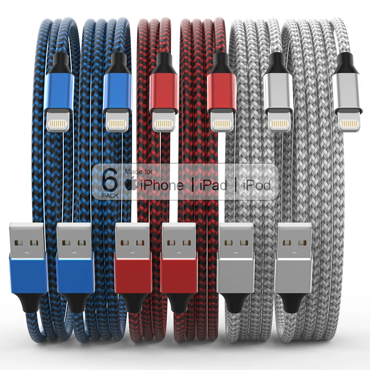 Six multicoloured braided Lightning cables coiled together