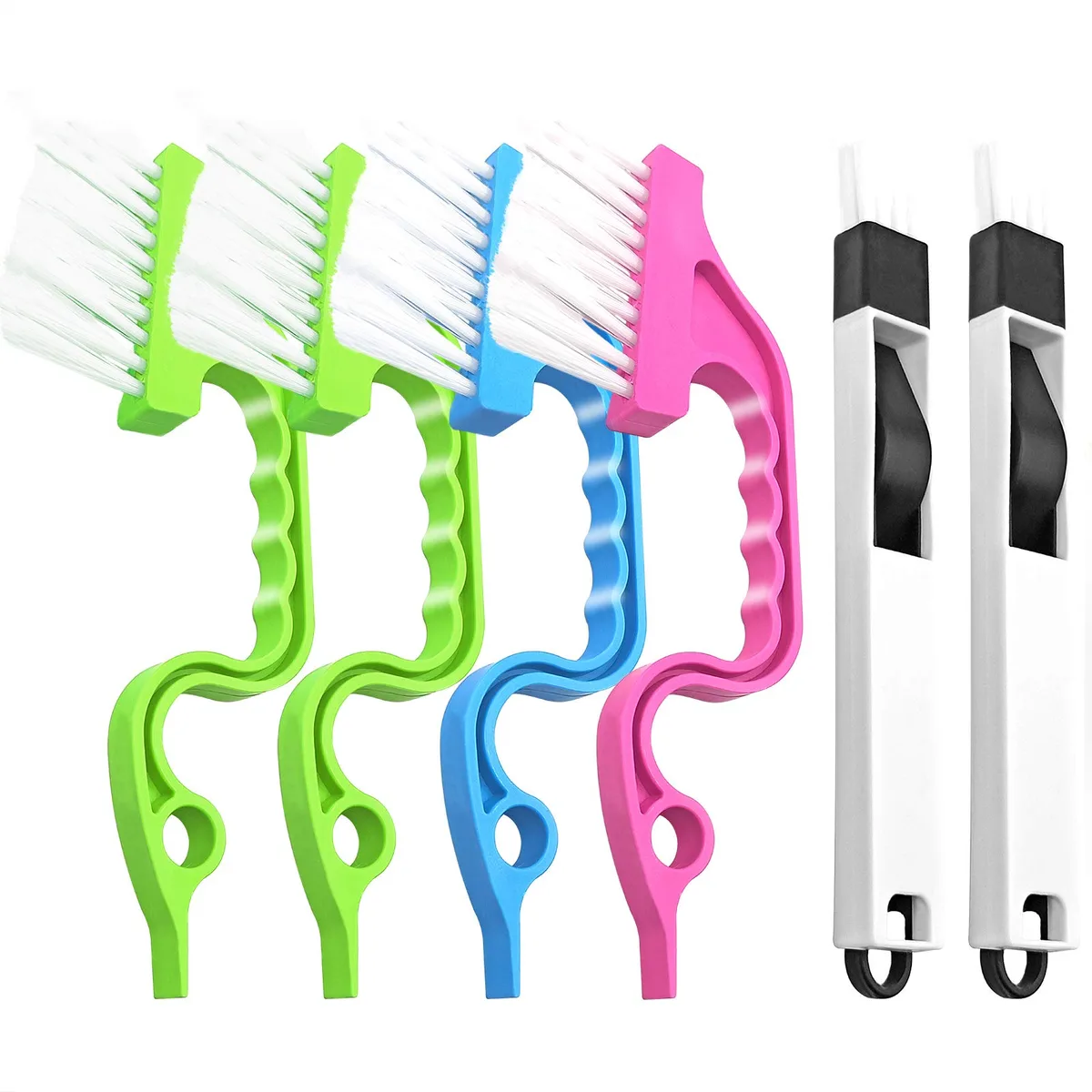 Six-piece crevice cleaning kit with brushes and collapsible dustpans