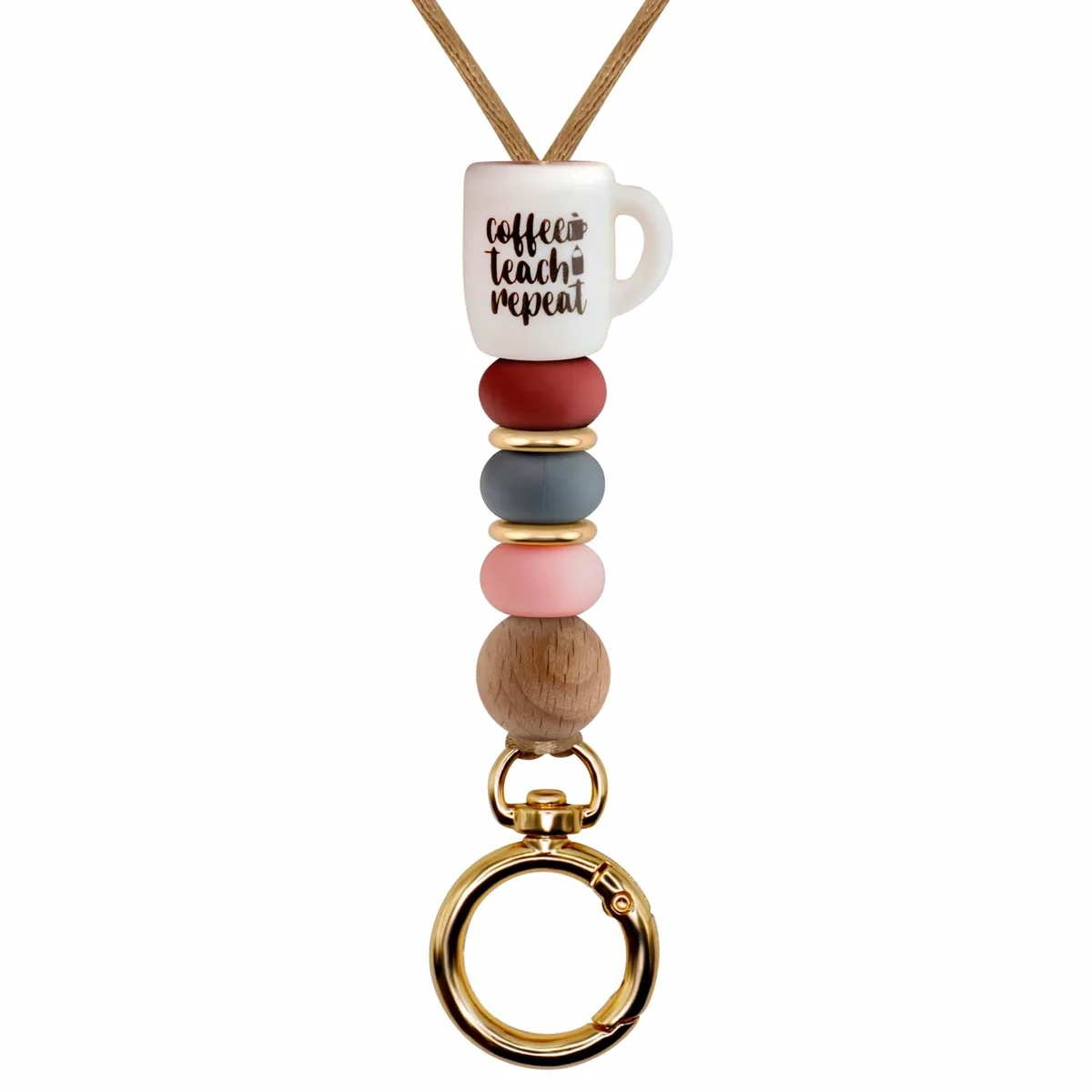White beaded lanyard with silicone and wooden beads, metal clasp and key ring