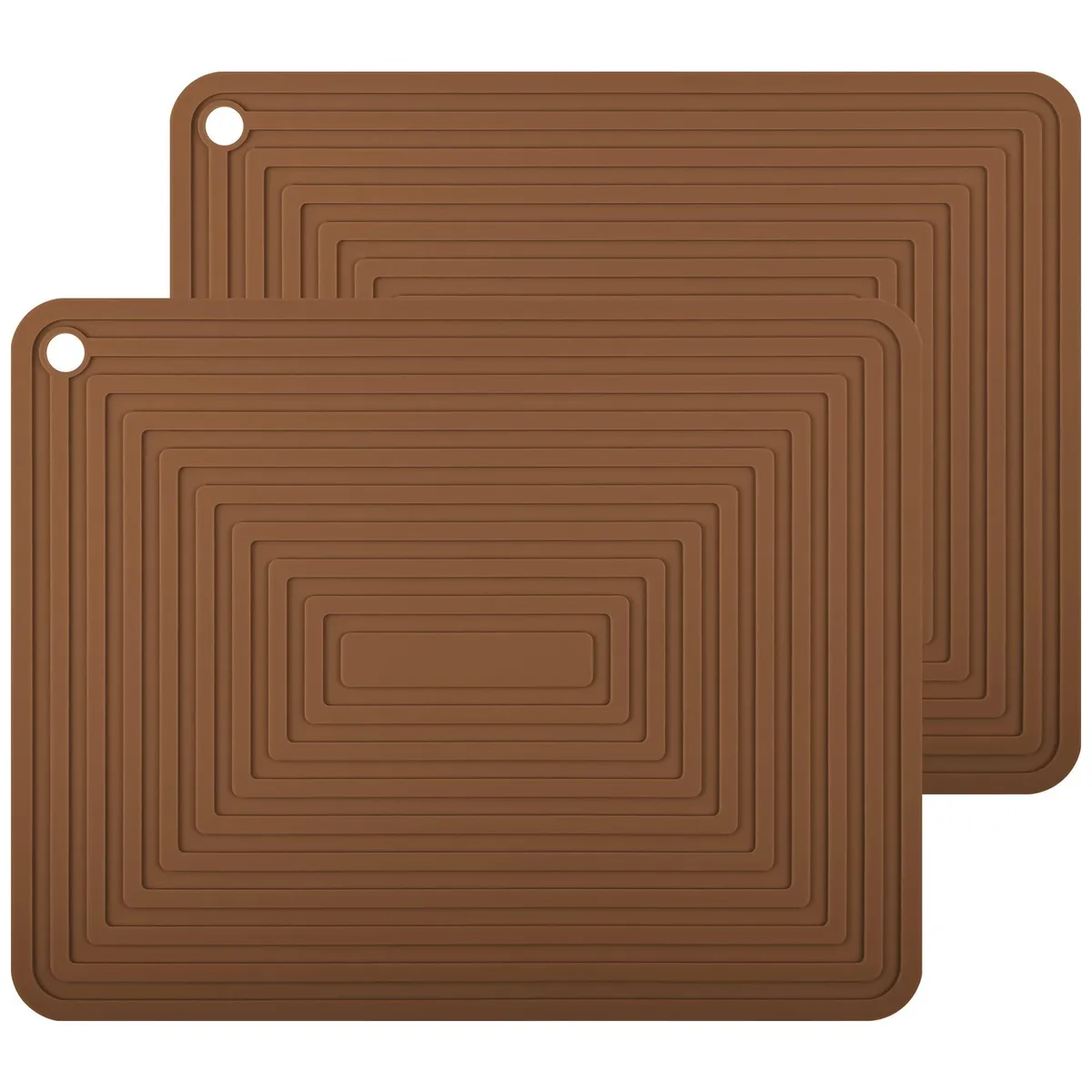 Two brown rectangular silicone mats with textured surface, flexible and heat resistant