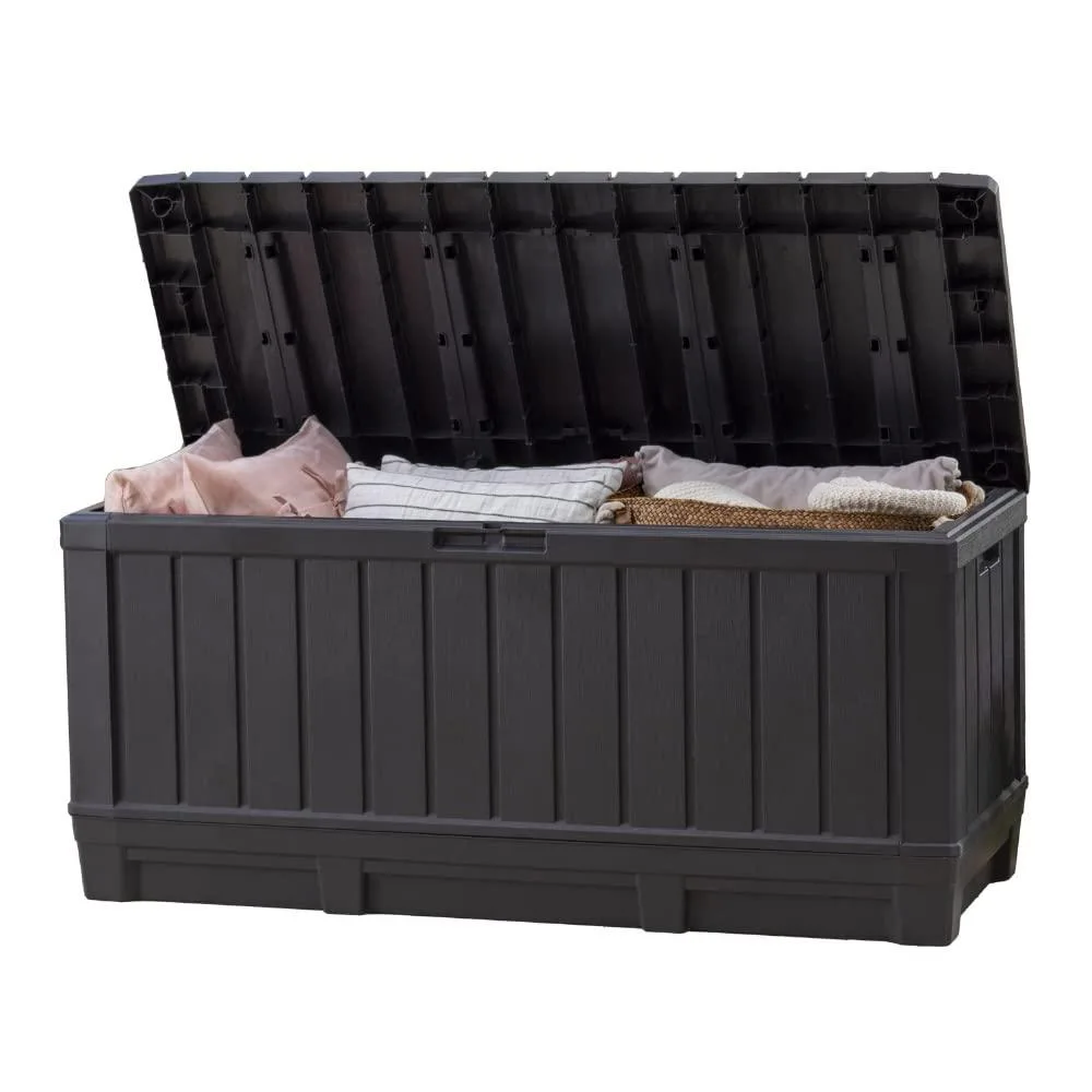 Rectangular dark-grey resin deck box with wood-grain finish and lockable lid