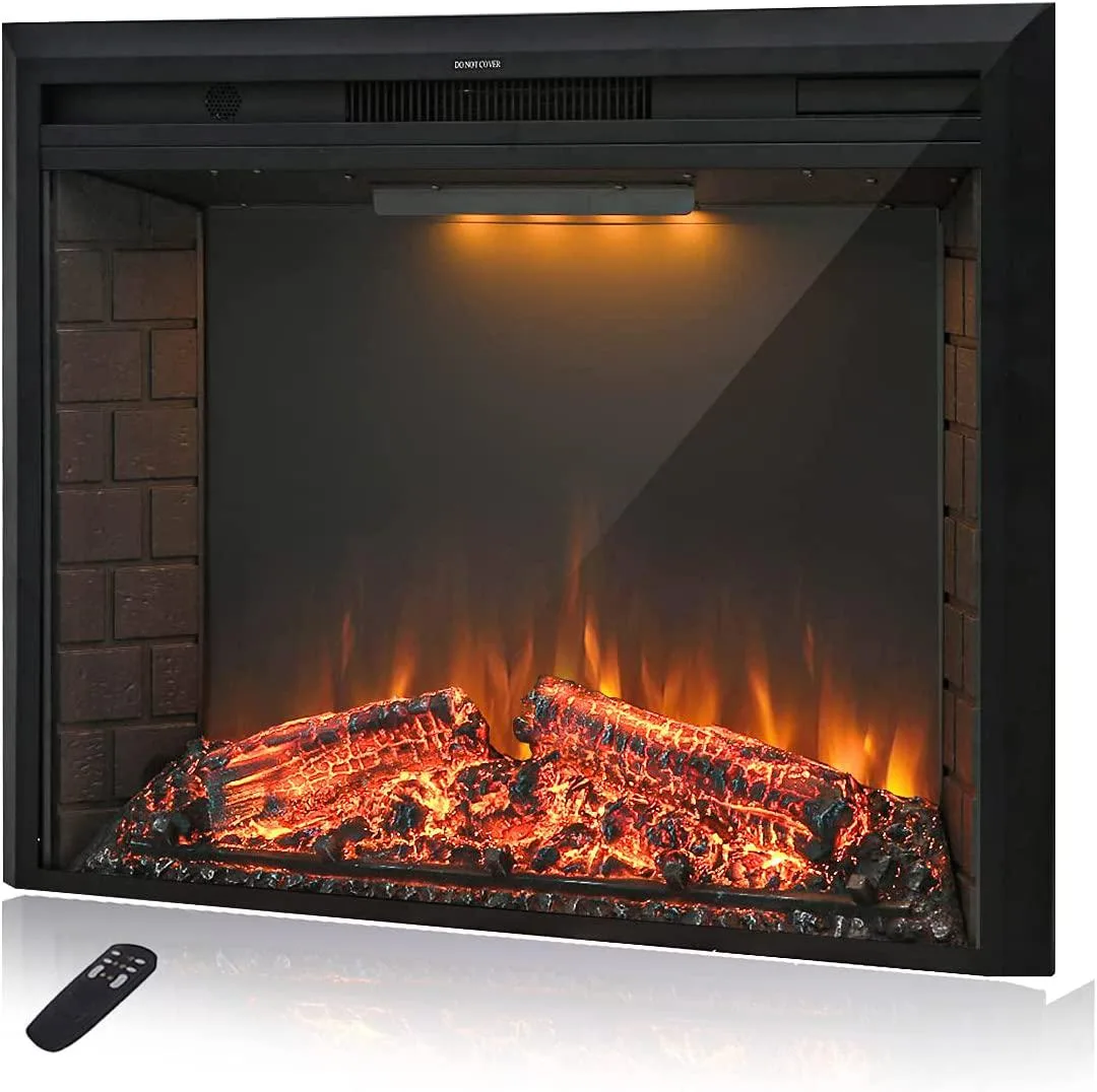 Black rectangular electric fireplace insert with resin logs and ember bed visible behind glass front