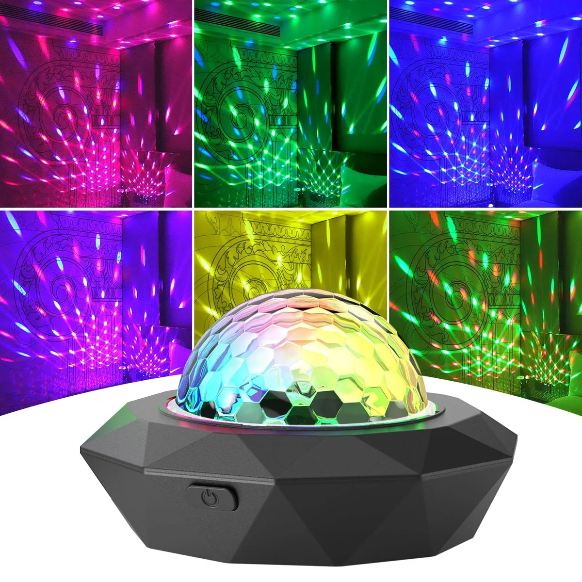 Mini rechargeable disco ball light with magnetic mount, red LED glow on blue wire