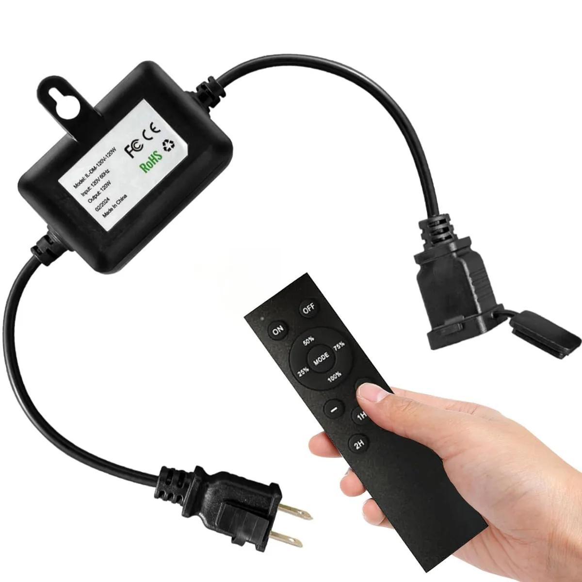 Black plug-in remote dimmer unit with timer controls, 120W max, 100FT range