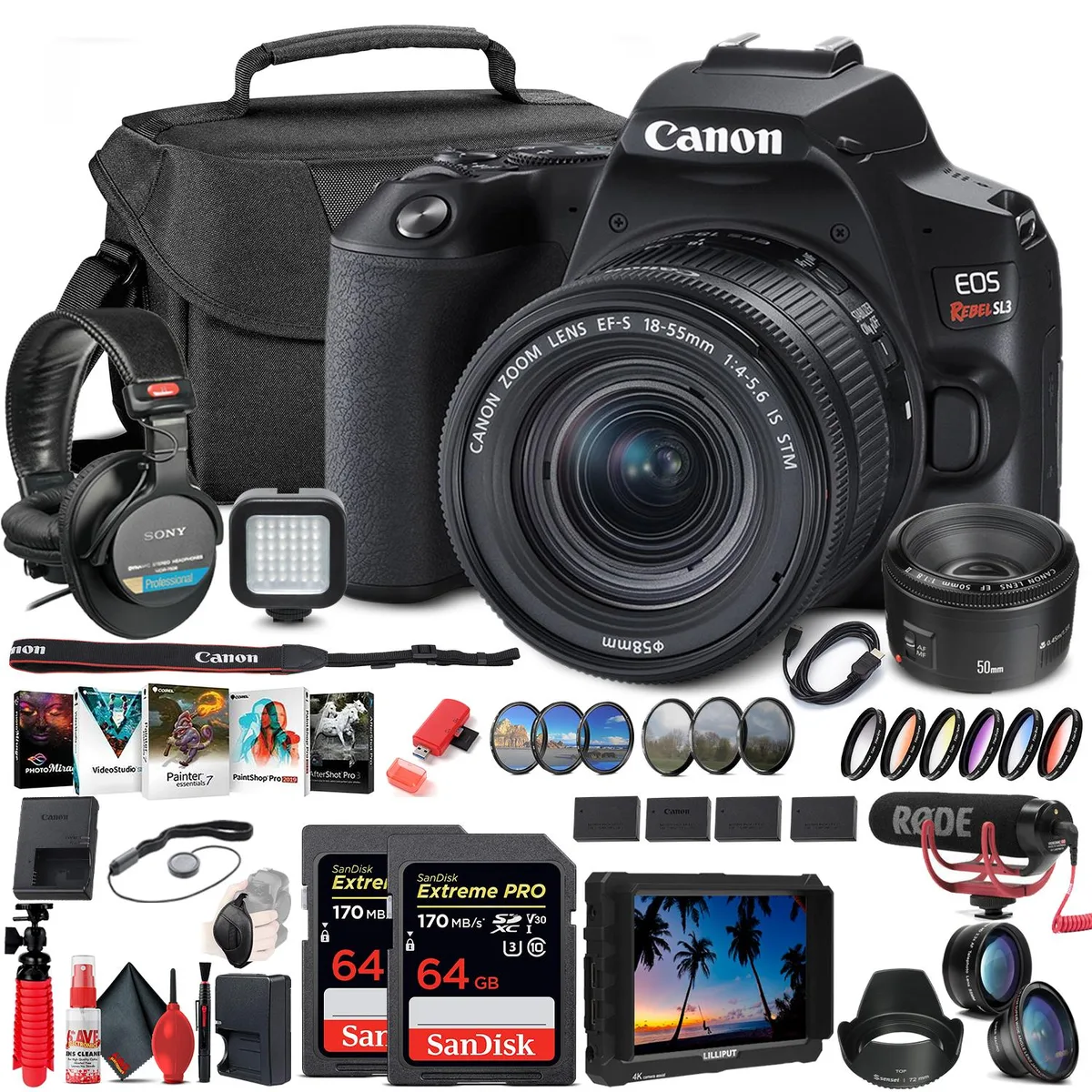 Canon Canon EOS Rebel SL3 24.1MP DSLR camera Extreme Video Monitor Bundle — product photo