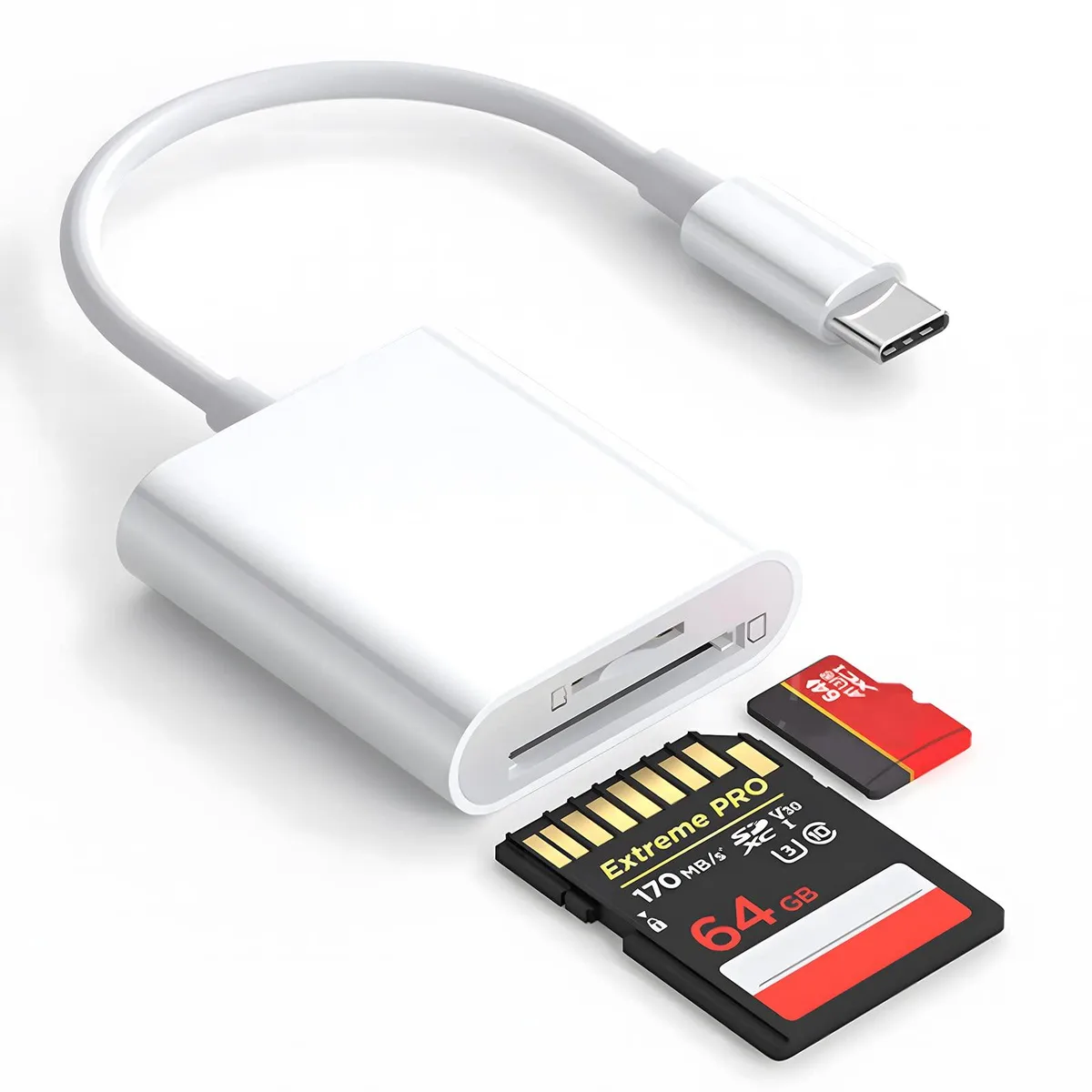 Small white USB-C card reader with dual SD and microSD slots