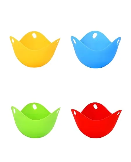Four round silicone egg poaching cups in green, blue, red and orange