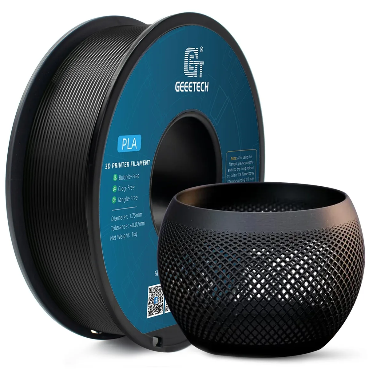 Black PLA filament spool, 1.75mm diameter, 1kg net weight