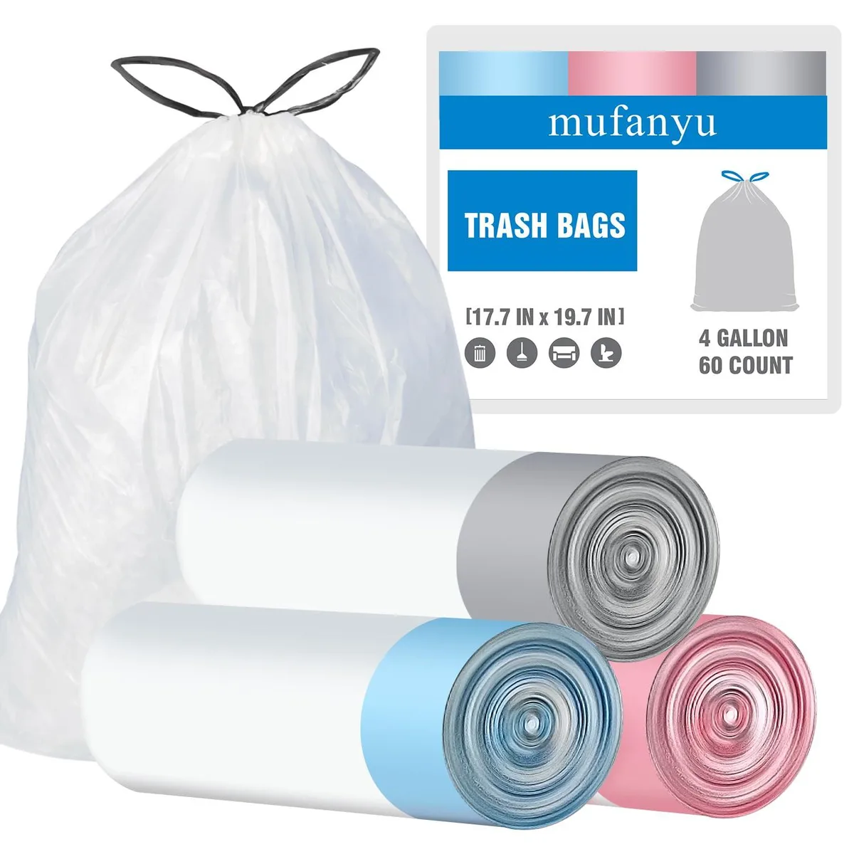  mufanyu 4 Gallon Drawstring Trash Bags 60 Count White 17.7 x 19.7 in — product photo
