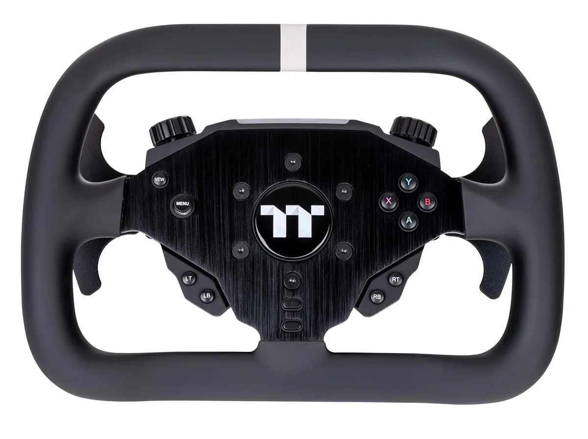 Black 13-inch formula-style racing wheel with synthetic leather grip, 10 RPM LEDs, shifter and clutch paddles, rotary knobs