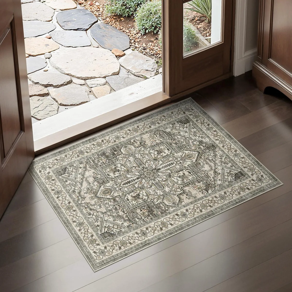 Rectangular bamboo door mat with striped pattern in clear finish, low profile with rubber backing
