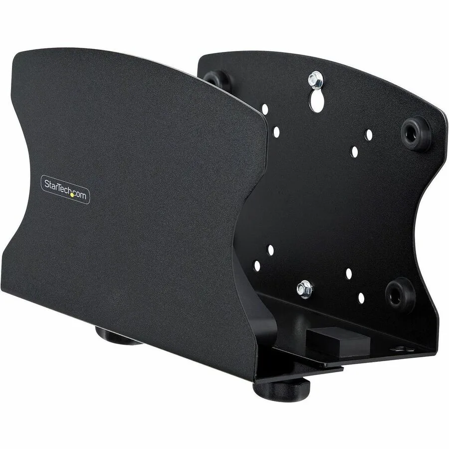 Black powder-coated steel wall bracket with sliding arms, hand knobs and rubber spacers for desktop tower