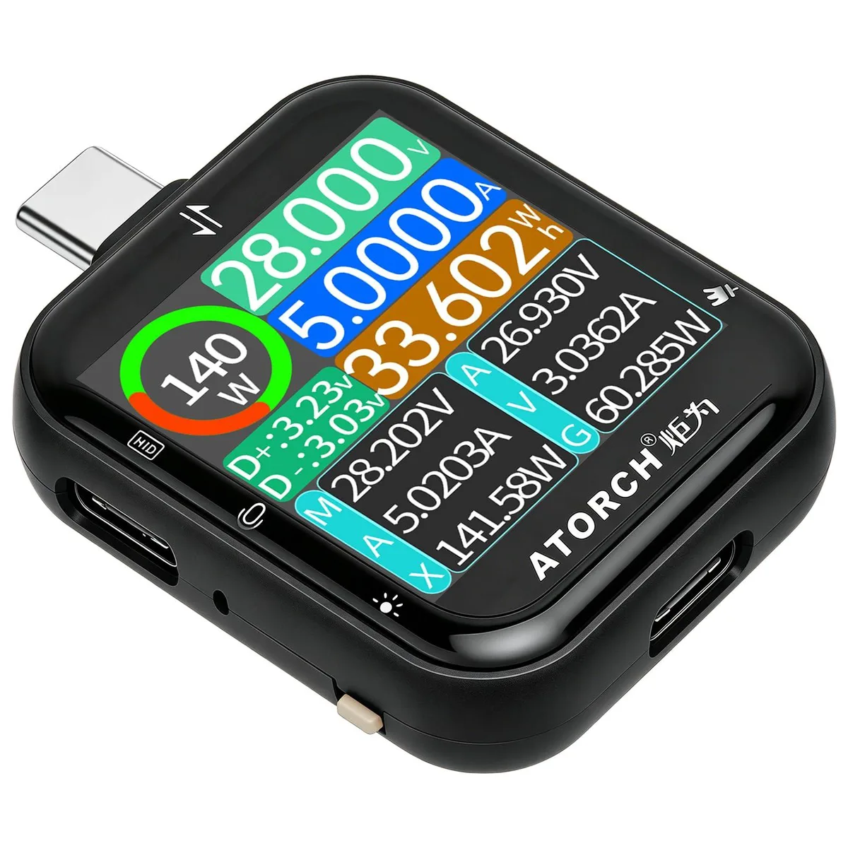 Compact black USB-C tester with 2.5D touch screen