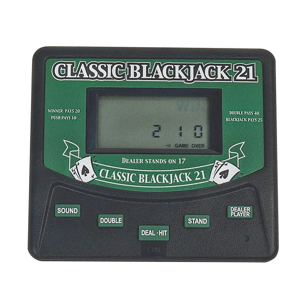 Small black rectangular handheld electronic game with screen and buttons
