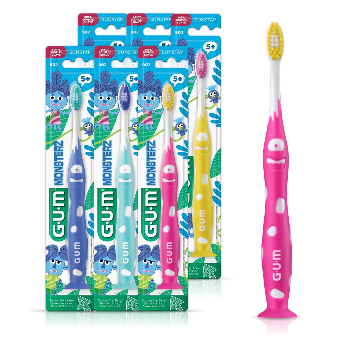 Six white kids toothbrushes with suction cup bases and colored bristles