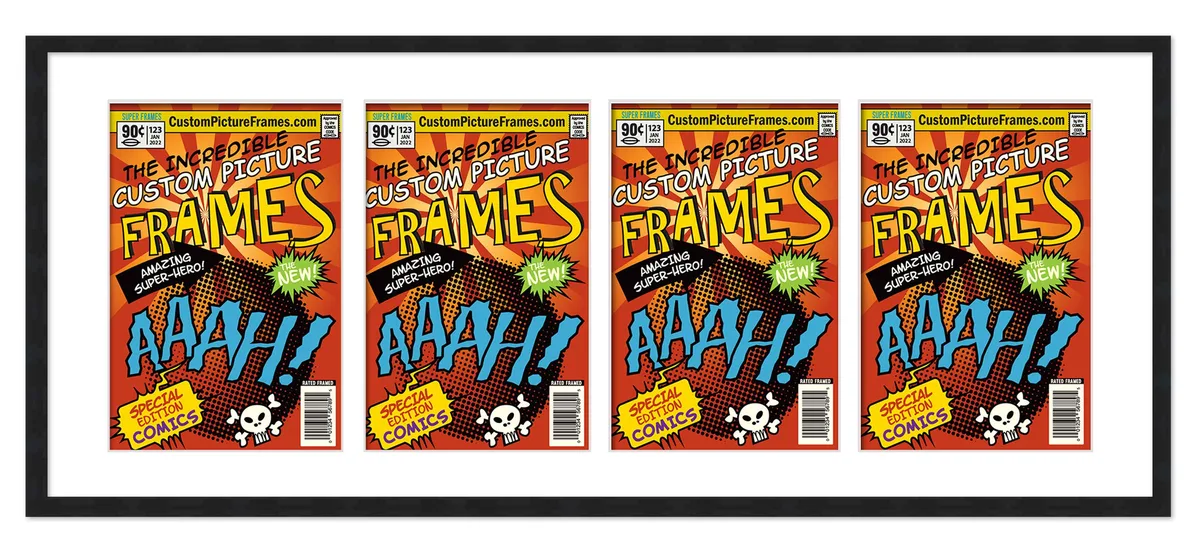 Black rectangular wood frame with white mat and four horizontal comic openings