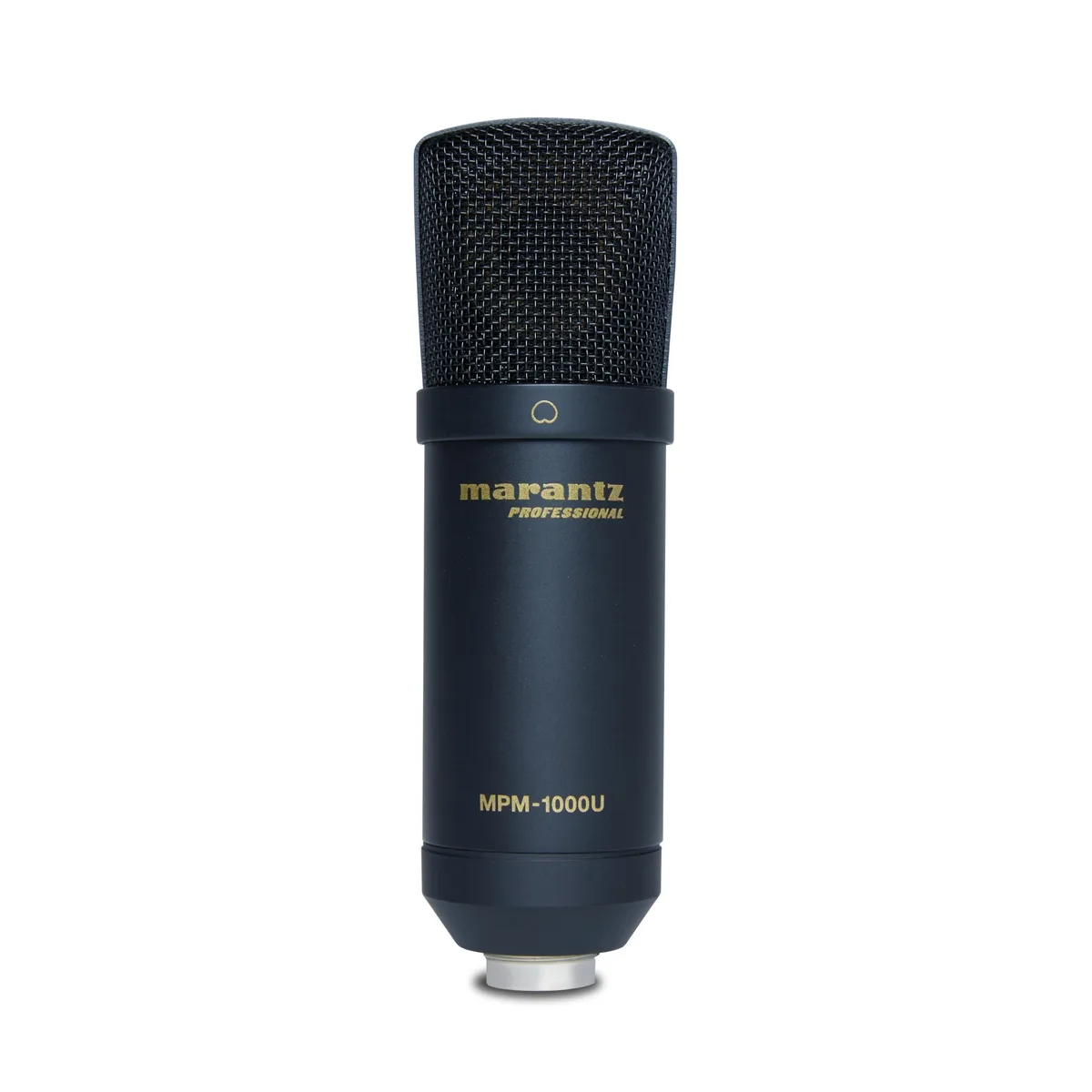 Silver cylindrical USB condenser microphone on desktop stand with mic clip