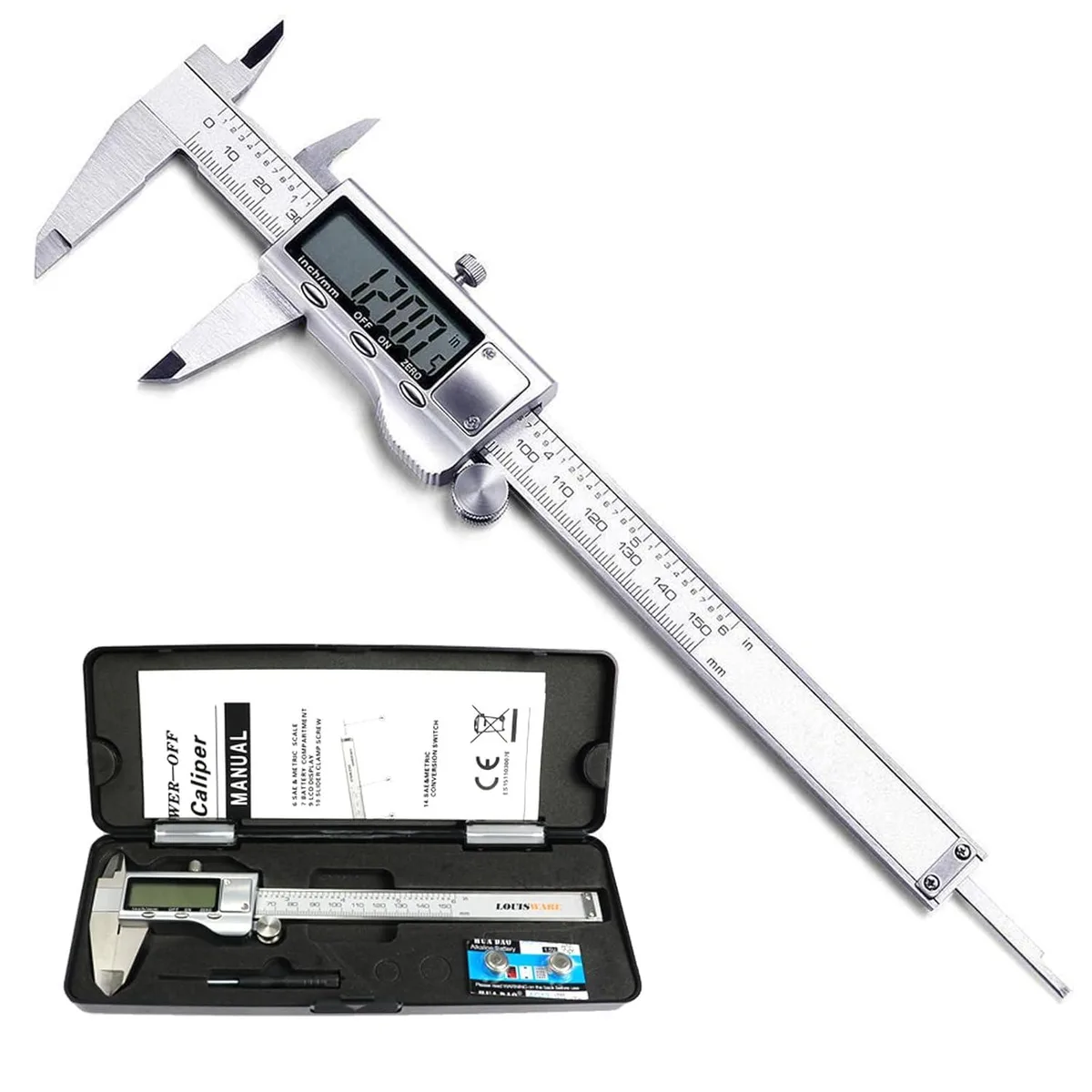 Stainless steel digital vernier caliper with large LCD screen, 150mm range, hardened finish, in moulded case