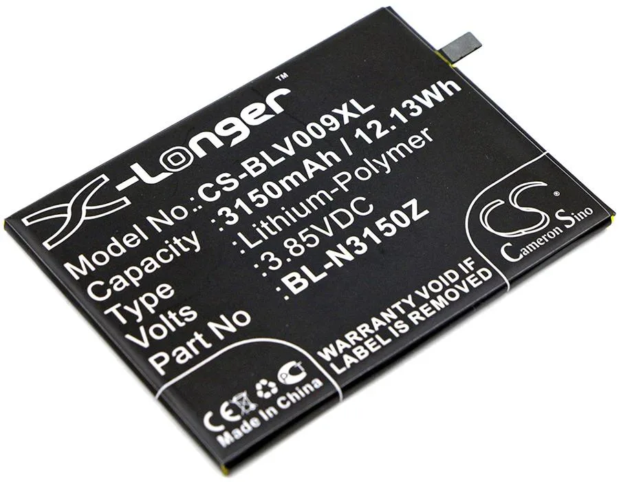 Rectangular smartphone replacement battery with gold contacts and printed label