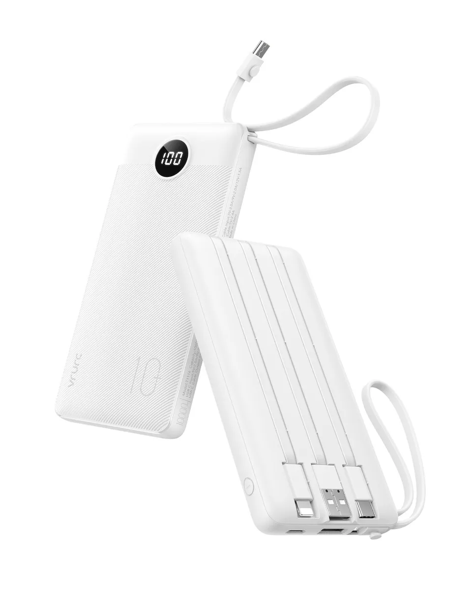 White slim rectangular power bank with built-in cables and wrist lanyard