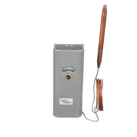 Gray rectangular thermostat with dial and remote sensing bulb