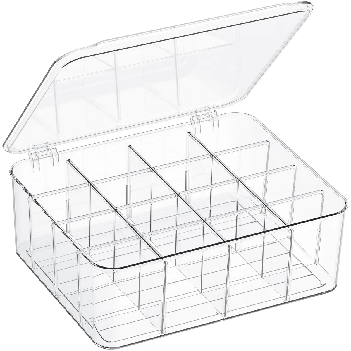 Clear plastic box with lid and 16 adjustable compartments