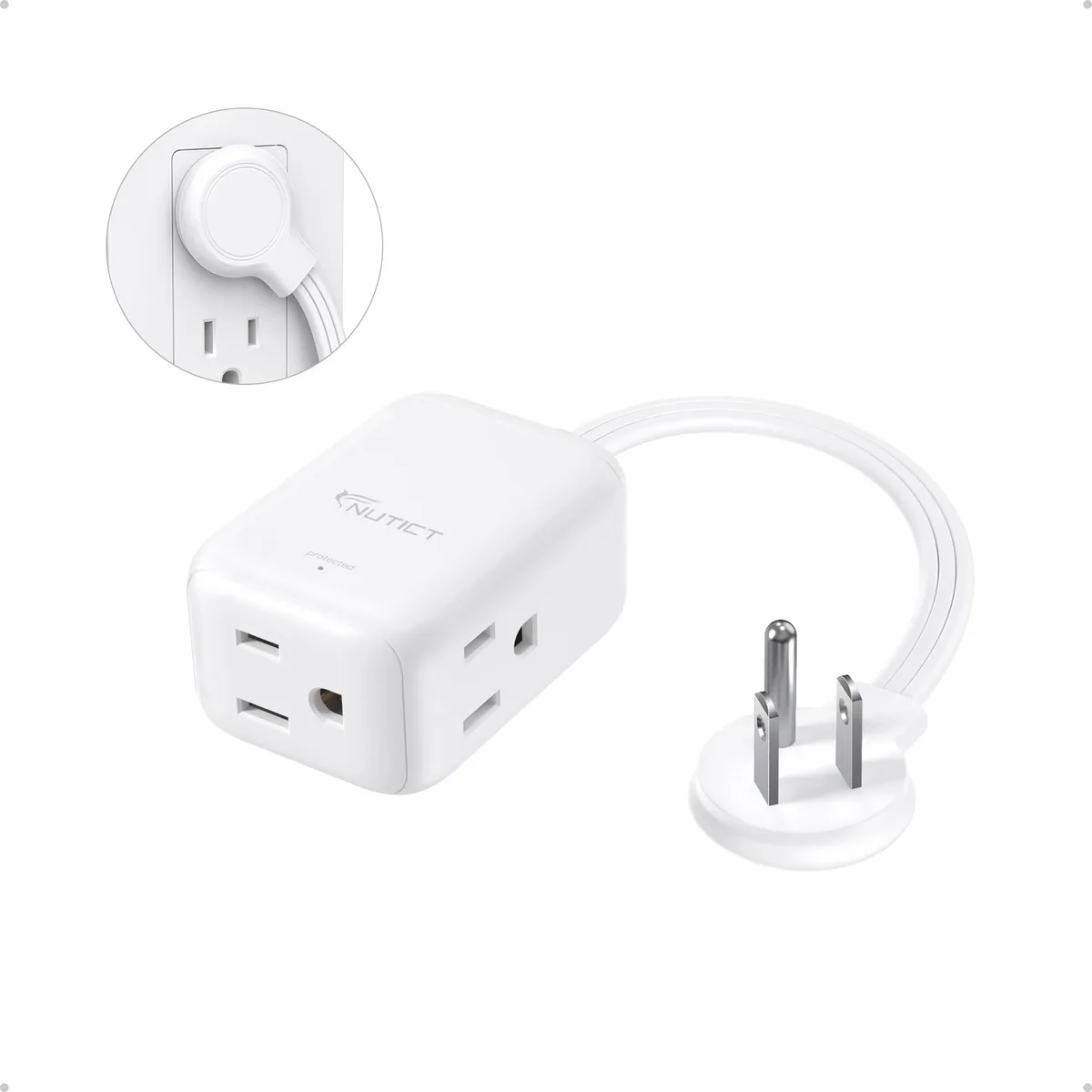 White flat extension cord 1.5ft long with right-angle plug and three outlets