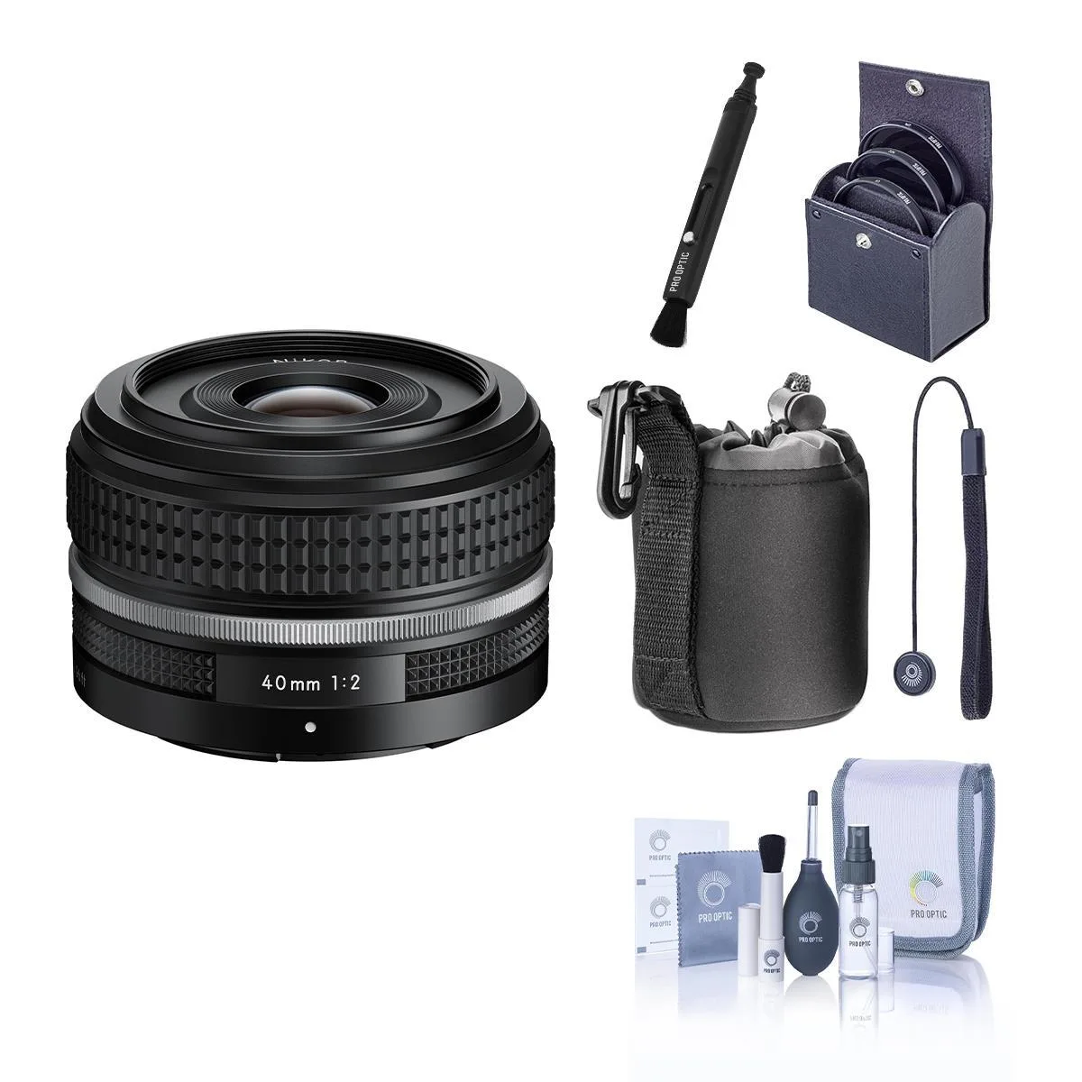 Nikon Inc Nikon NIKKOR Z 40mm f/2 SE camera lens with 52mm filter kit, pouch, cleaner, care kit, cap — product photo