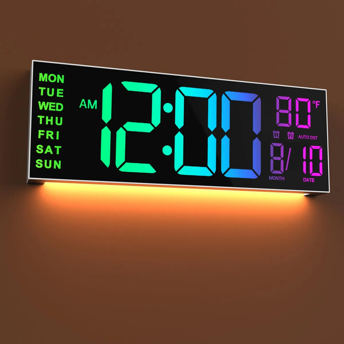 White rectangular digital wall clock with large LED display and slim profile