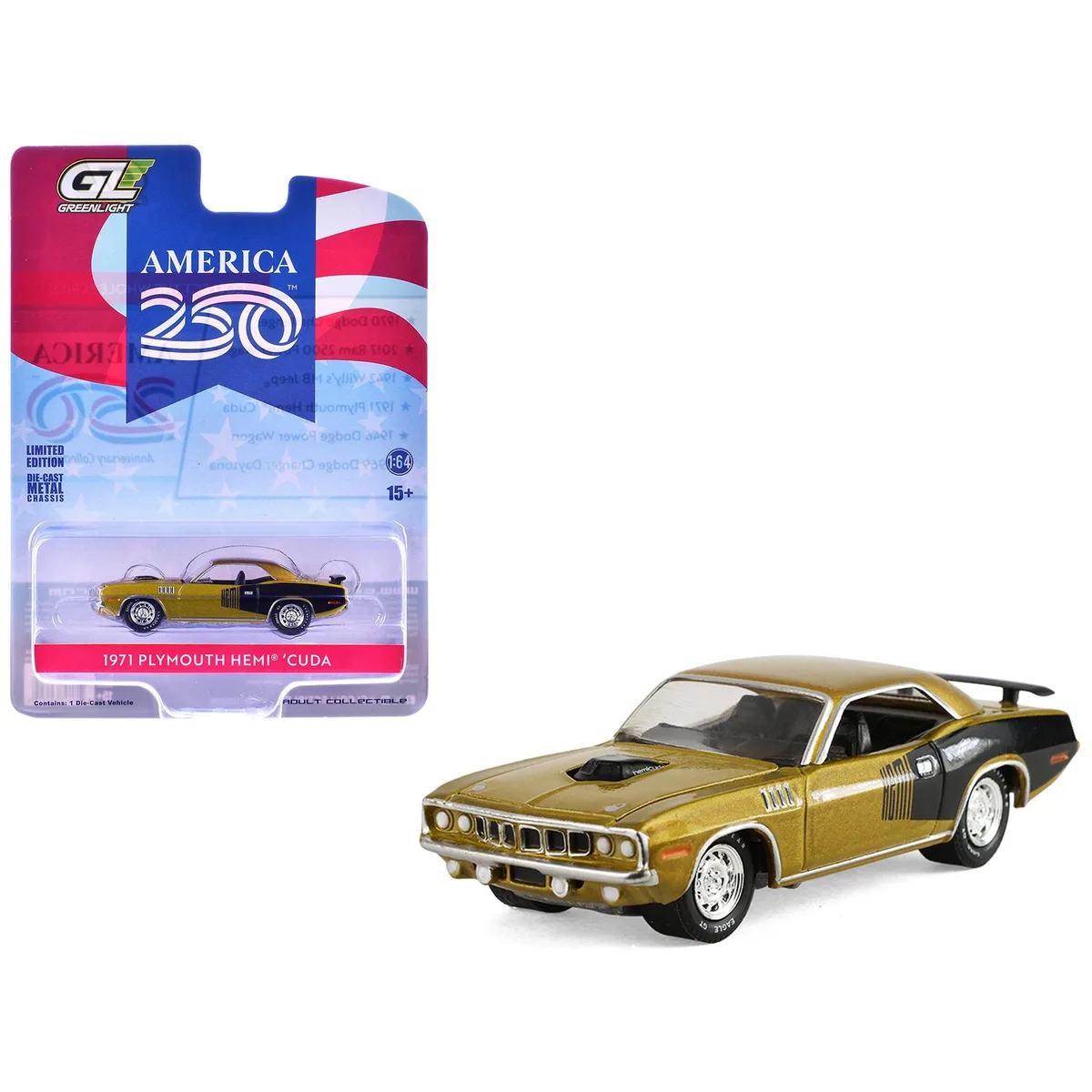 GREENLIGHT GREENLIGHT 1971 Plymouth Hemi Cuda Gold Metallic Black Accents America 250 Edition 1/64 Diecast — product photo