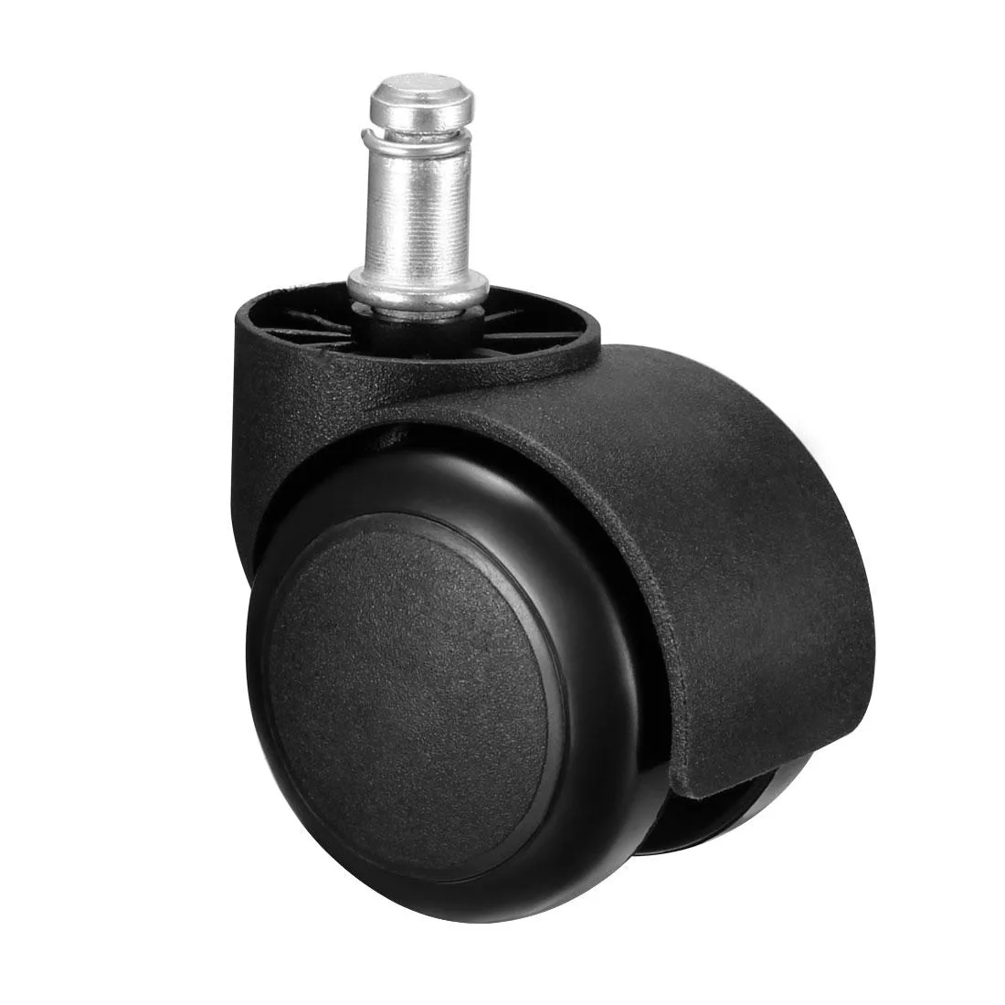 Two black twin-wheel casters with 11 mm stems, polyurethane treads, 50 mm diameter