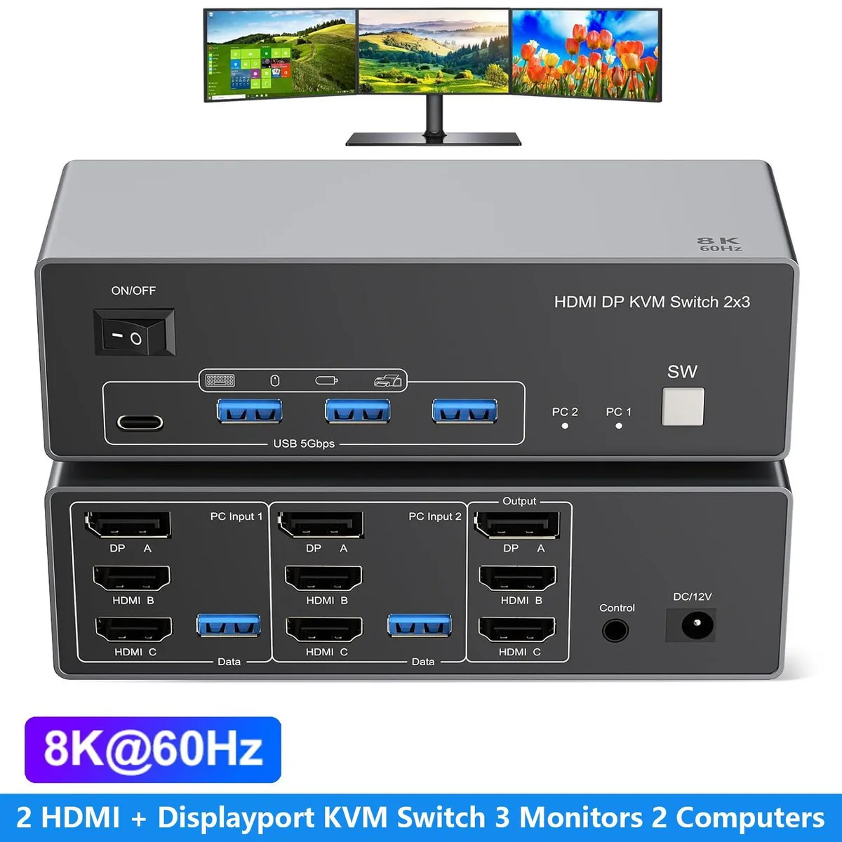 Silver aluminium box with front buttons, rear HDMI, DisplayPort and USB ports, wired remote beside it