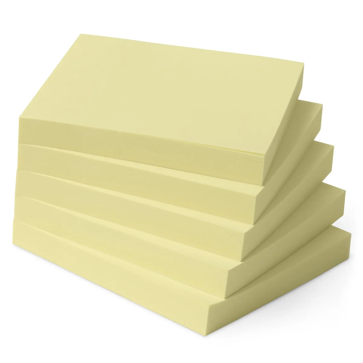 Five square yellow sticky-note pads stacked together