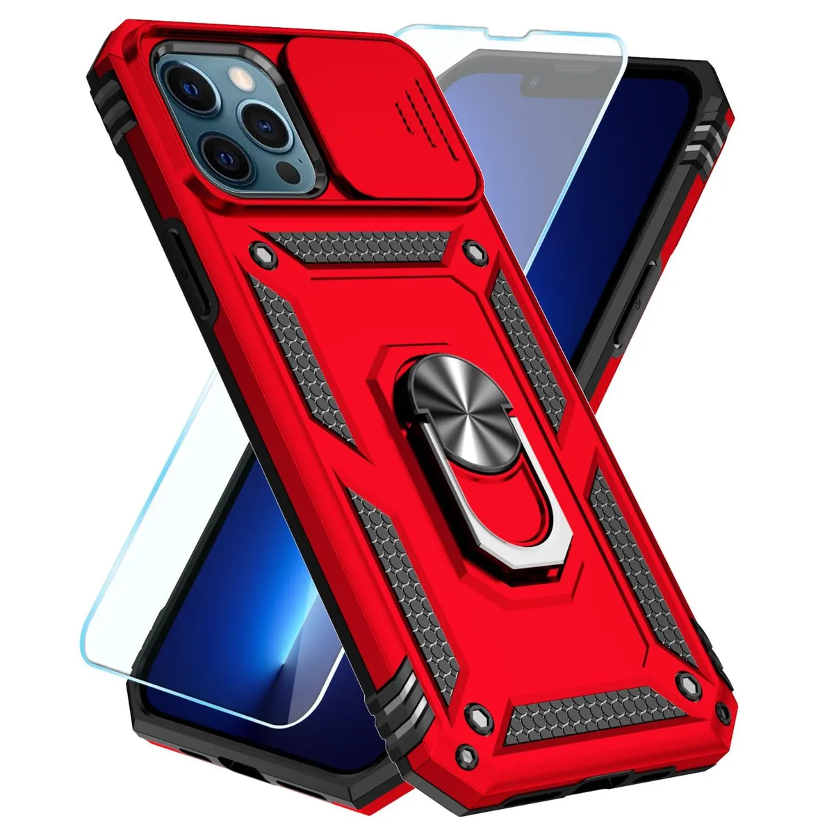 Red protective case for iPhone 13 Pro Max with sliding camera cover and rotating ring kickstand