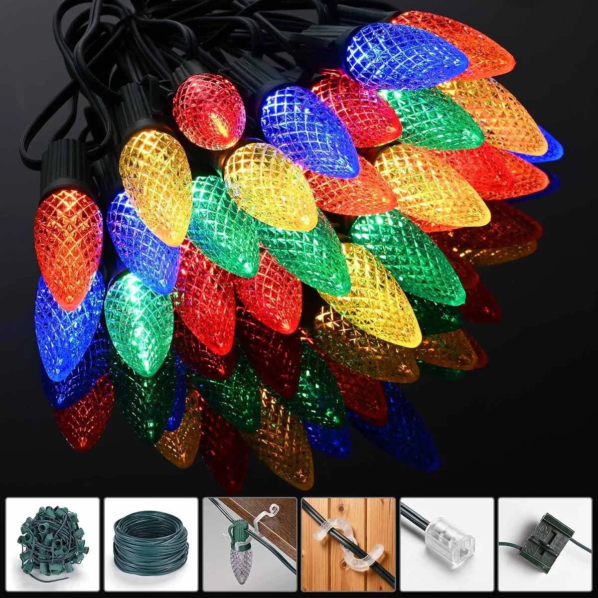 Yescom USA, Inc. Yescom USA, Inc. 11SSL027-ROOFSET-04 100ft C9 LED string light multicolor 100 bulbs 200 clips — product photo