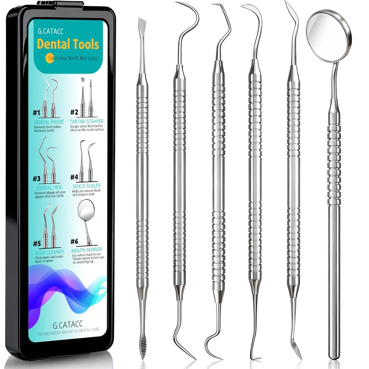 Six stainless steel dental tools in a white plastic case