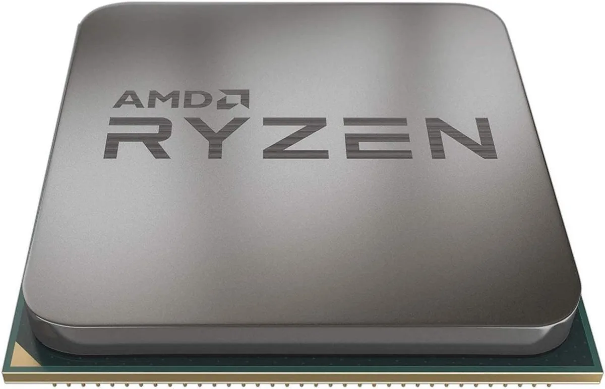 Green ceramic CPU with gold contacts and silver heatspreader, rectangular AM4 form factor, no cooler or box included