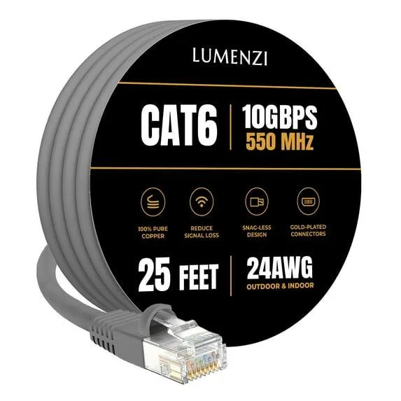 Lumenzi Lumenzi EC-6-25-GRY-1 Cat 6 network ethernet cable 25 FT Grey 550 MHz 10 Gbps — product photo