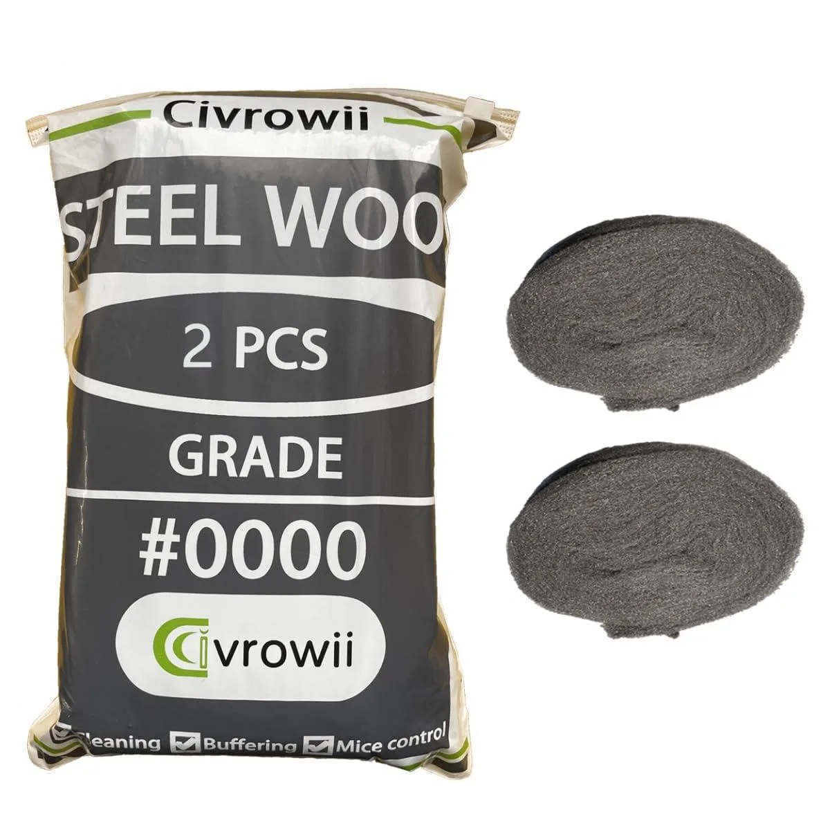 Two packs of fine steel wool pads, silvery grey and fluffy