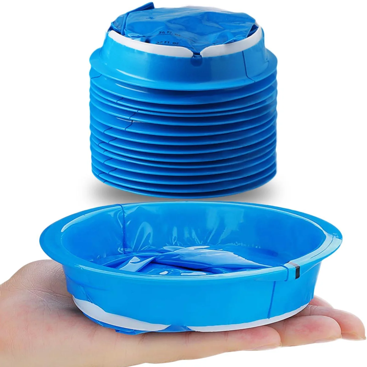 Pack of 14 disposable blue vomit bags with white ring closure