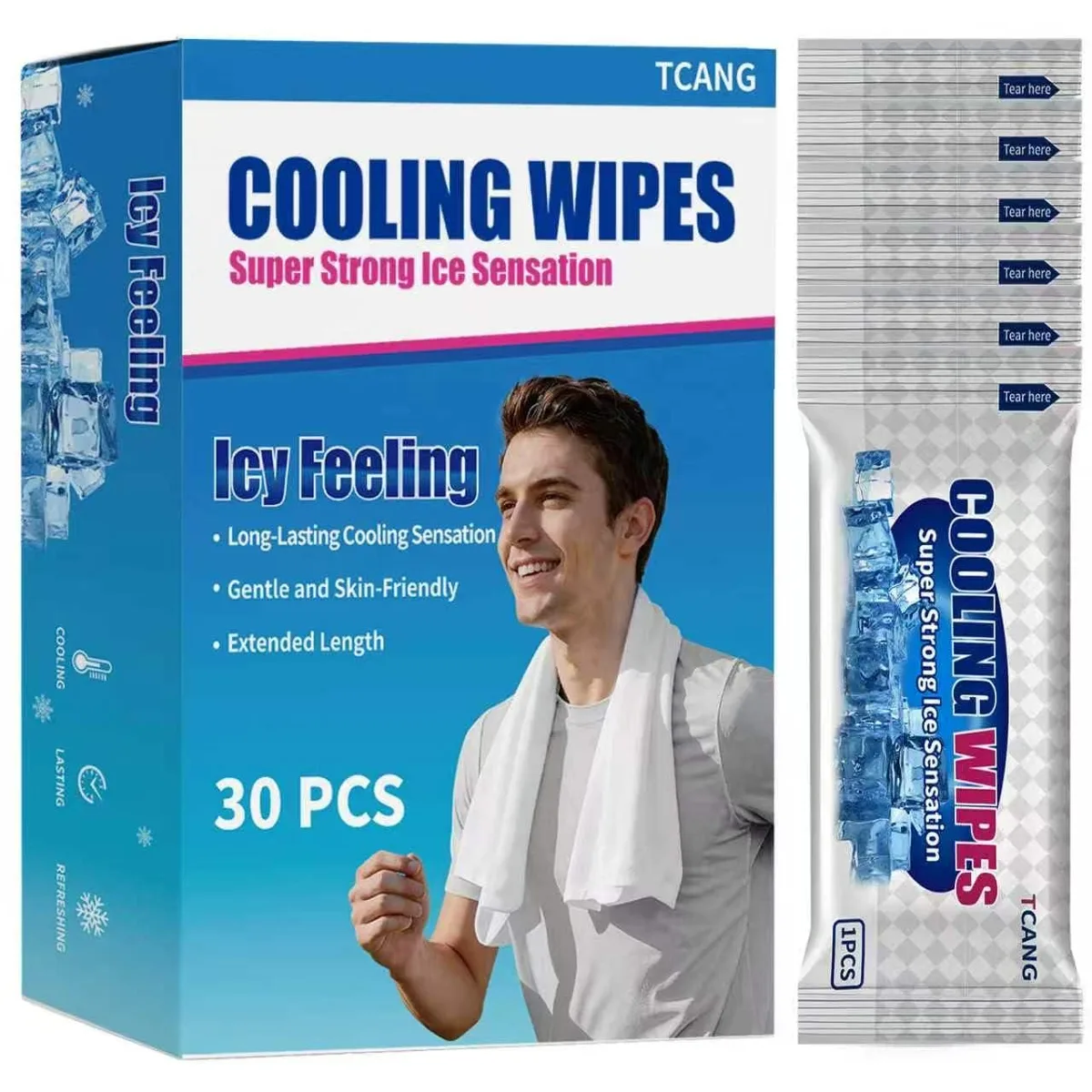 White rectangular box holding thirty individually wrapped cooling wipes